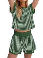 Full Size Contrast Striped T-Shirt and Shorts Set Plus Size