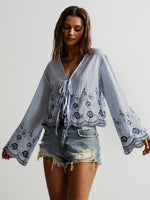 Floral Embroidered Tie-Front Blouse