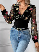 Floral Mesh Sleeve V-Neck Top