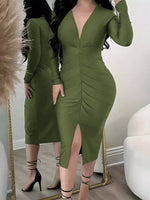 Ruched Deep V-Neck Bodycon Midi Dress