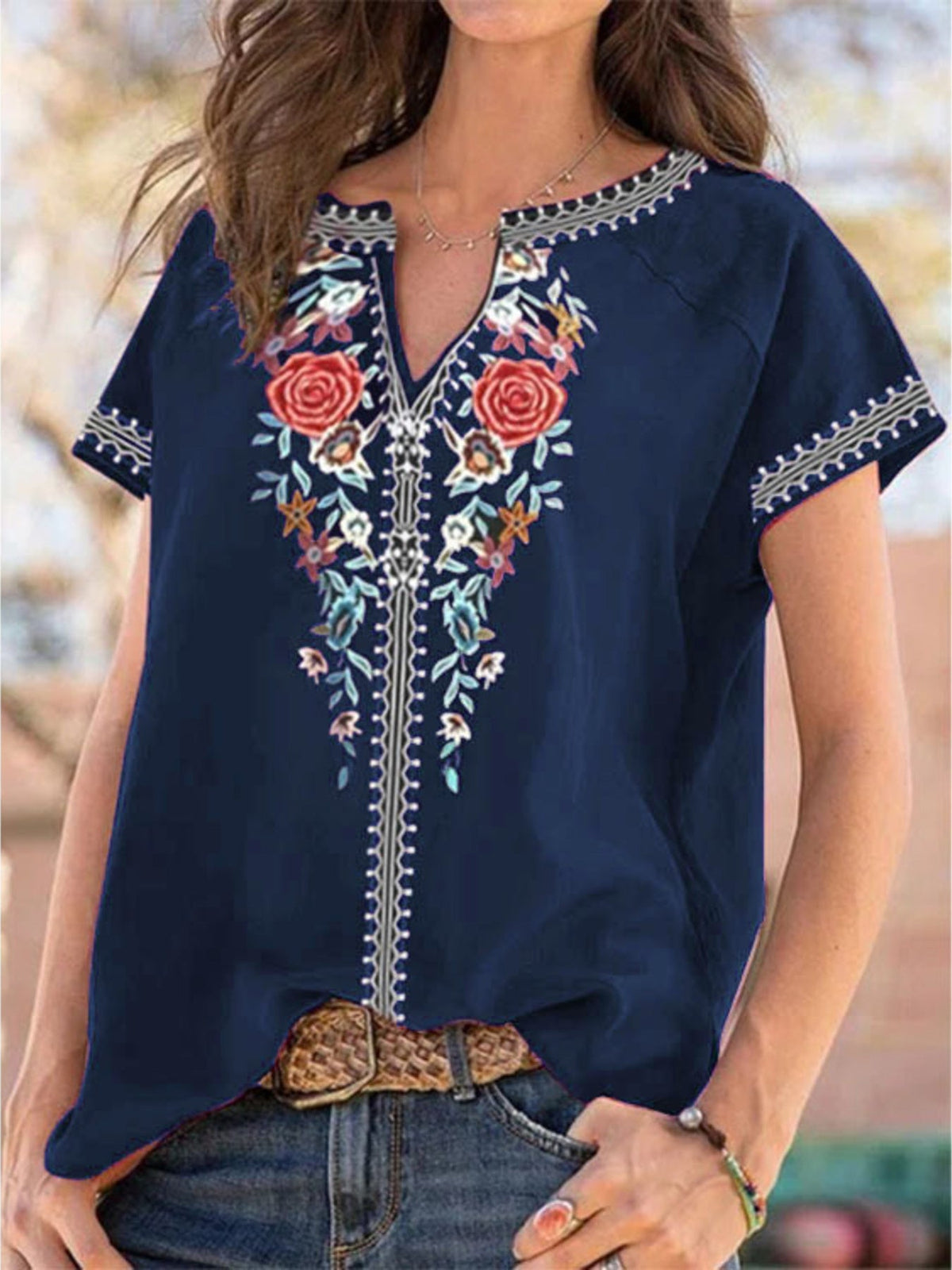Full Size Floral Notched Short Sleeve Blouse Plus Size