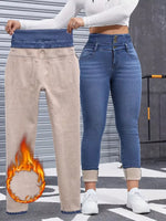 High-Waisted Slim Fit Fleece-Lined Jeans