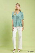 Umgee Textured Trim Detail Short Sleeve Top