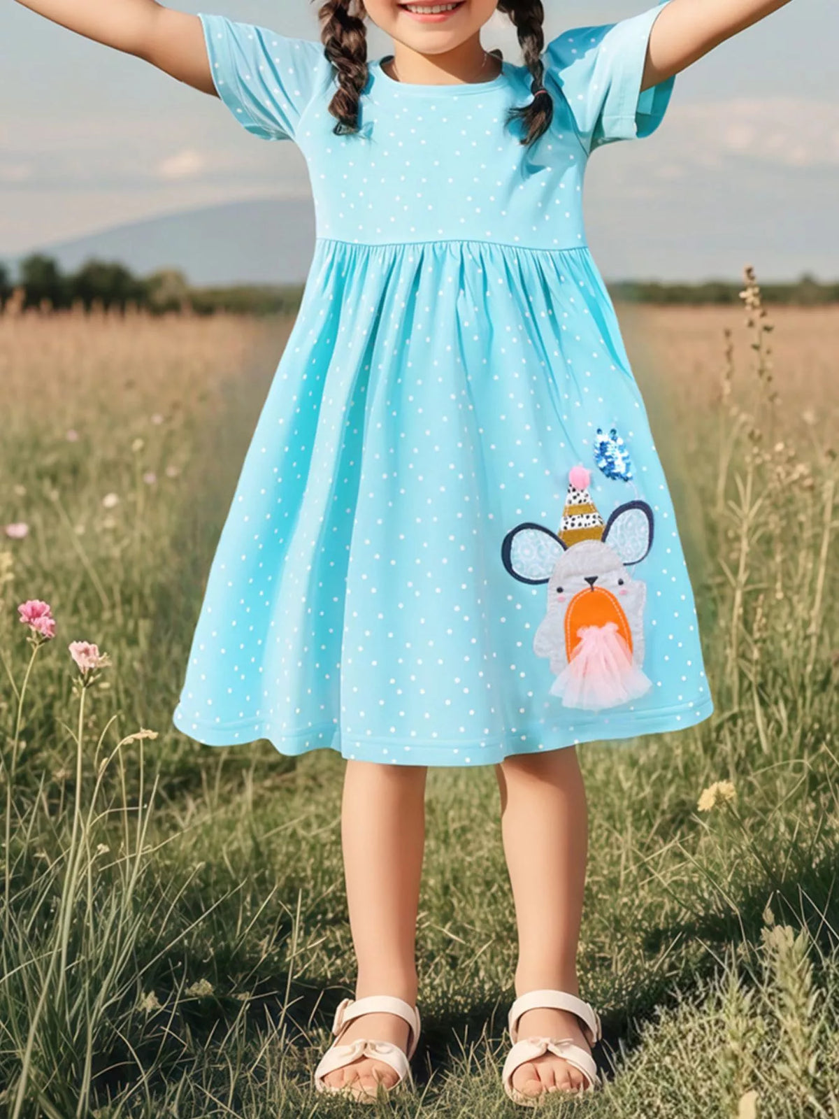 Children's Round Neck Cartoon Polka Dot Dress