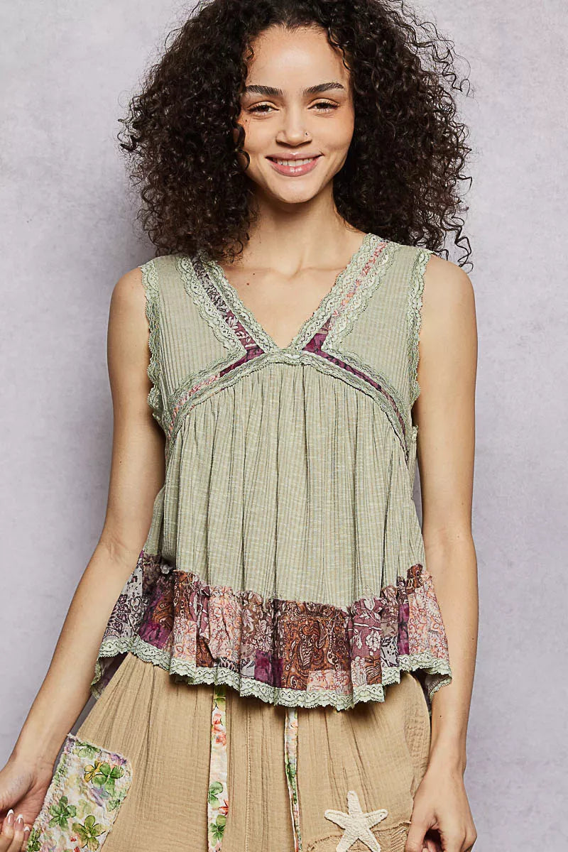 POL Lace Detail Ruffled Ribbed Sleeveless Top with Floral Pattern Trim Detail