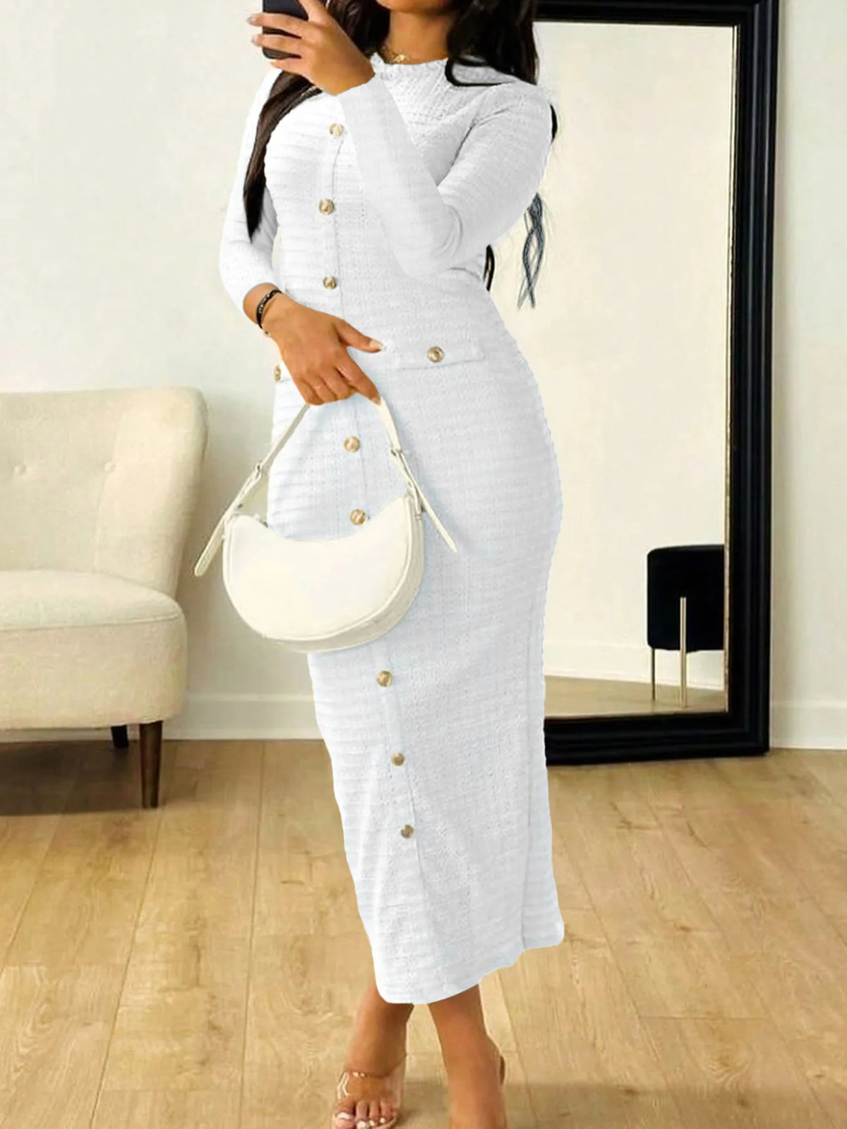 Textured Long Sleeve Midi Dress