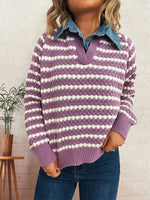 Contrast Striped Sweater with Denim Collar