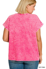 Zenana Full Size Crinkle Washed Round Neck Folded Short Sleeve Tee Plus Size
