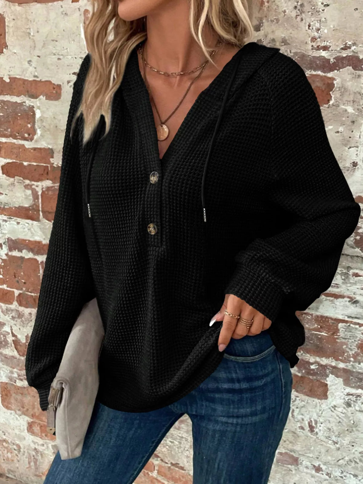 Full Size Button Detail Waffle Knit Hoodie Plus Size