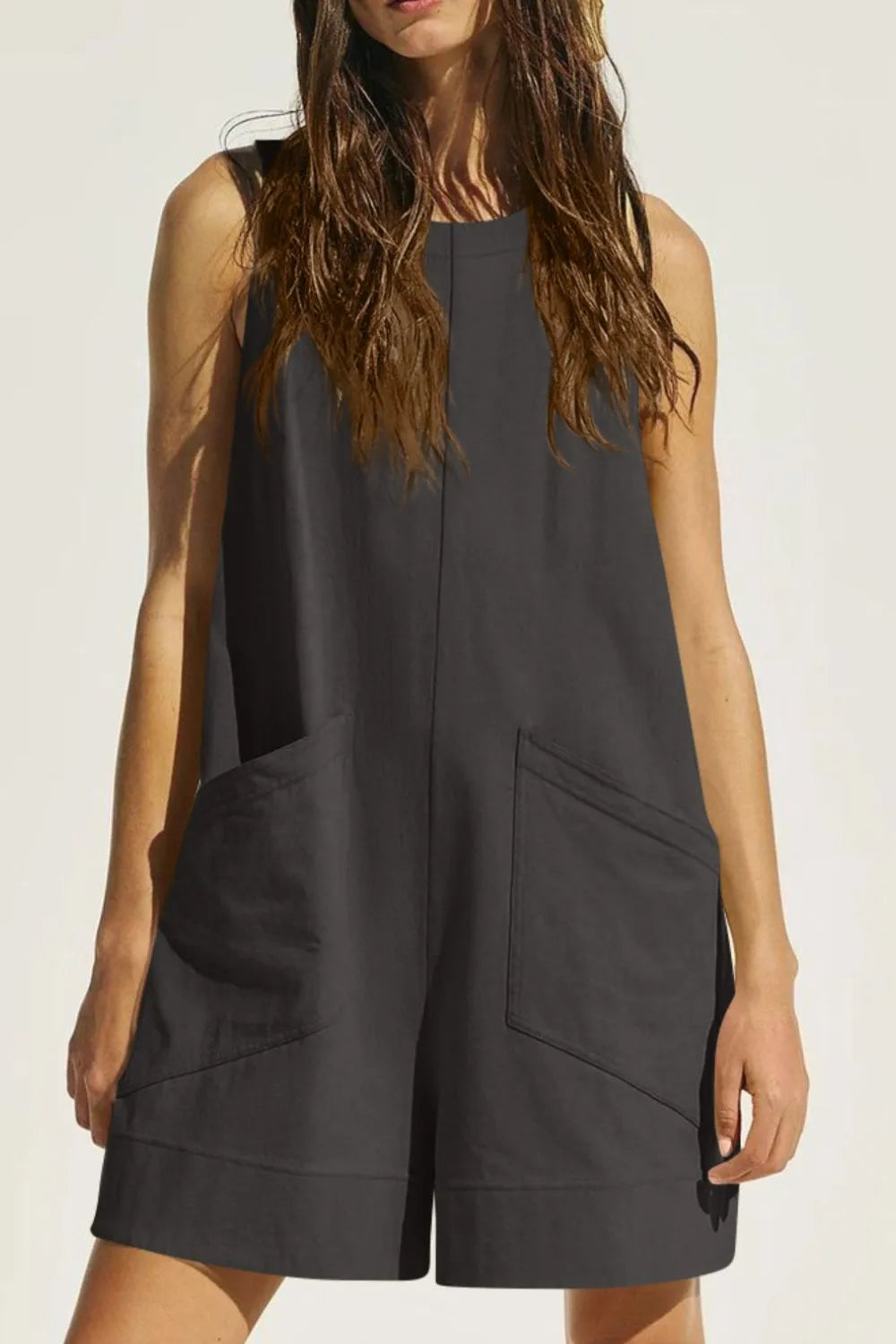Lovelet Round Neck Sleeveless Romper with Pockets