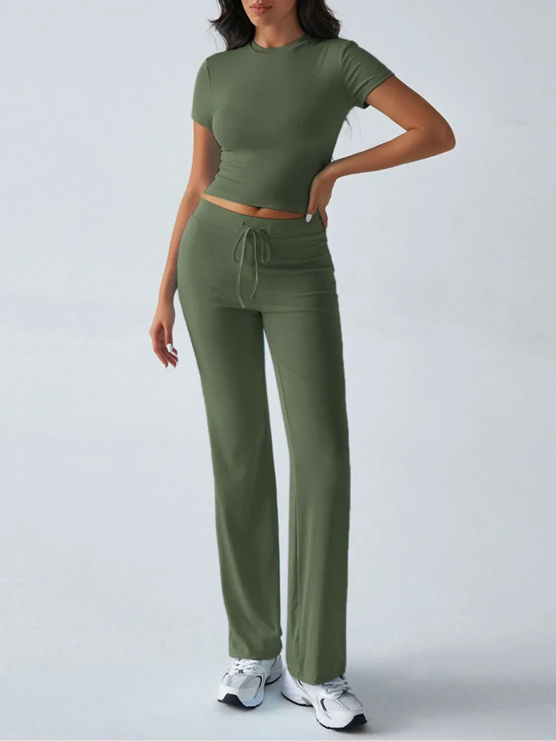 Round Neck Short Sleeve Top and Pants Set