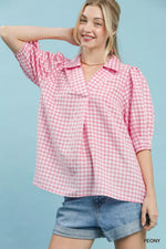 Umgee Gingham Puff Sleeve Collared Blouse