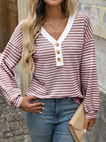 Striped V-Neck Button Front Casual Top