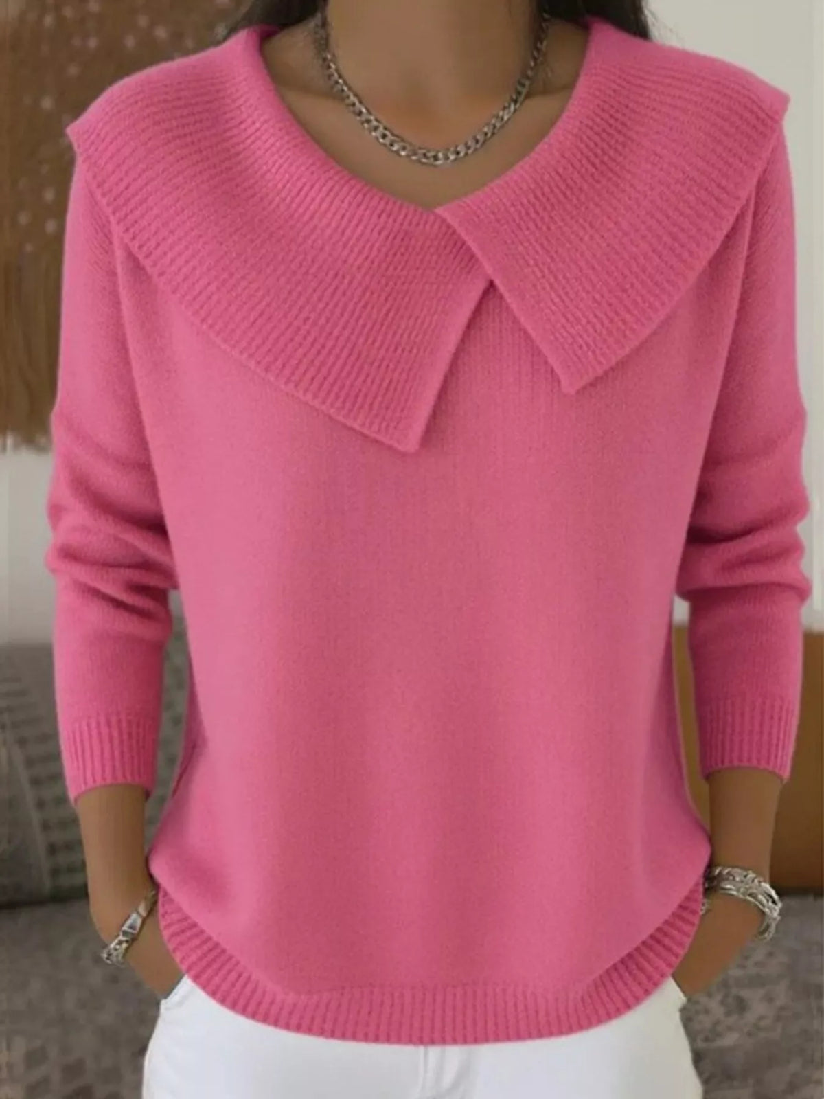 Full Size Wide-Collar Ribbed Knit Sweater Plus Size