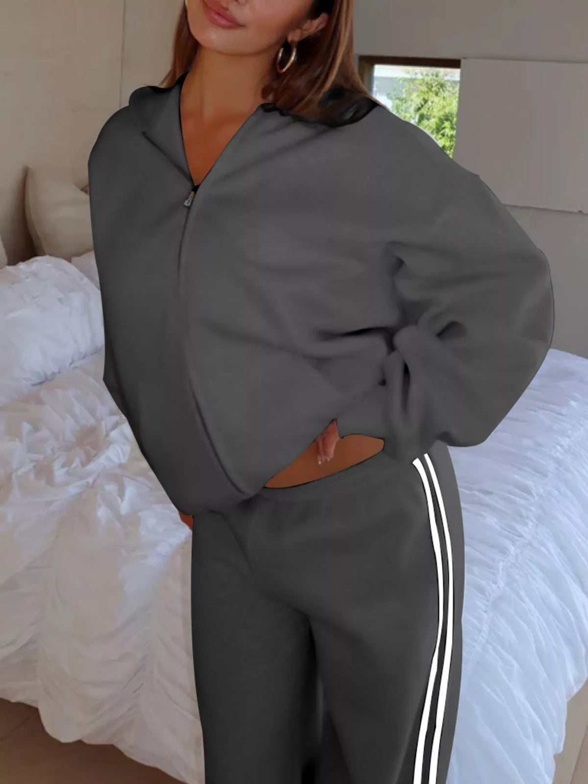 Zip Up Hoodie and Striped Pants Set