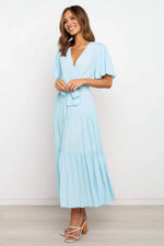 Tied Back Tiered Short Sleeve Midi Dress
