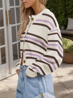 Cropped Striped Button-Down Knit Cardigan