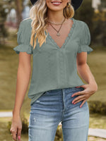 Lace Trim V-Neck Puff Sleeve Blouse