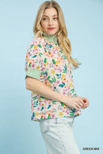 Umgee Floral Print Jacquard Ruffle Top