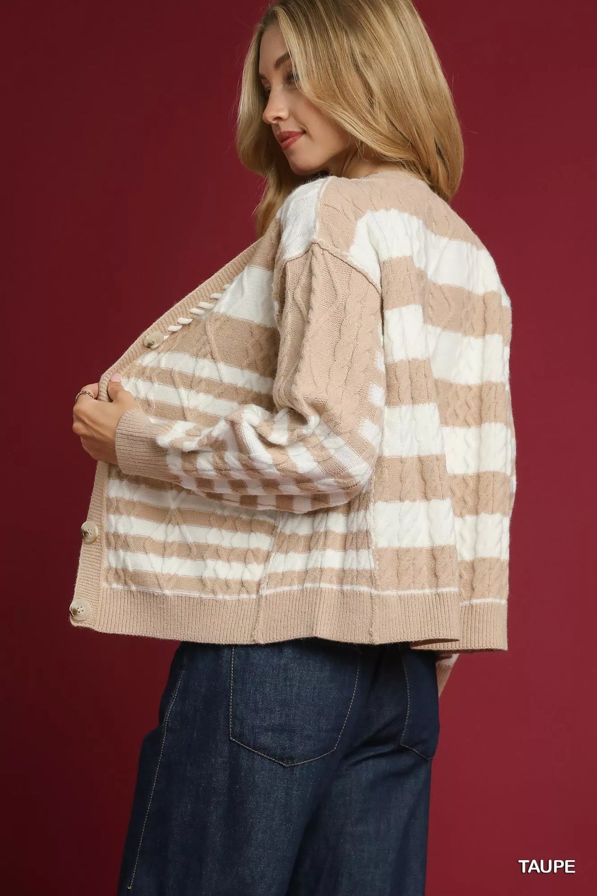 Umgee Cable-Knit Stripe Button-Up Cardigan