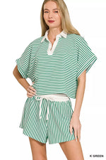Zenana Striped Collared Top & Shorts Set
