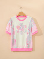 Color Block Floral Patchwork Big Flower Accent Relaxed Top