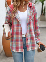 Plaid Button-Up Hooded Shirt with Chest Pocket