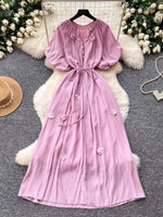 Floral Decor Tie Waist Puff Sleeve Dress