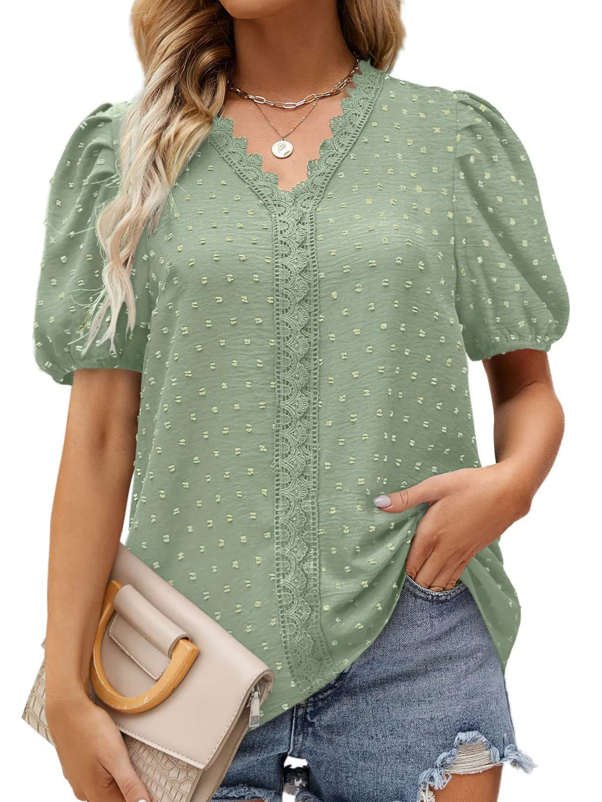 Puff Sleeve Swiss Dot Lace Trim Blouse