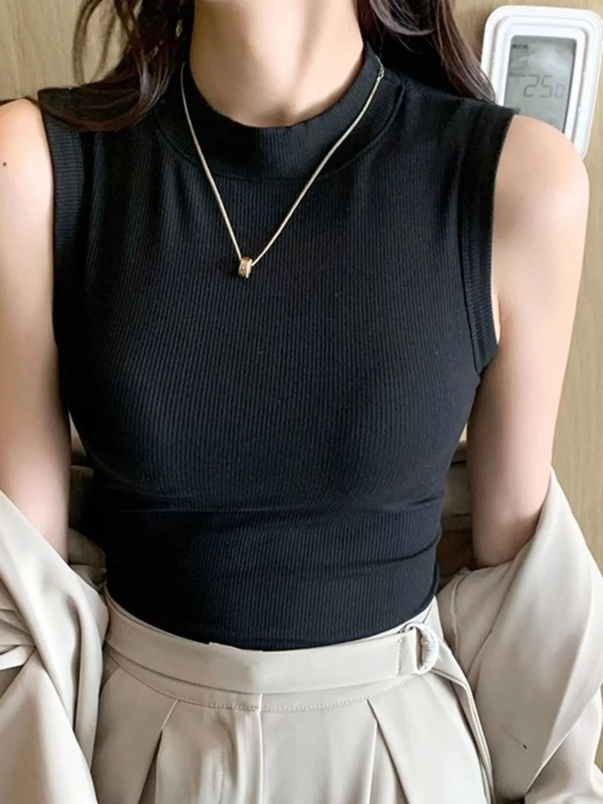 Ribbed Mock Neck Sleeveless Tank Top