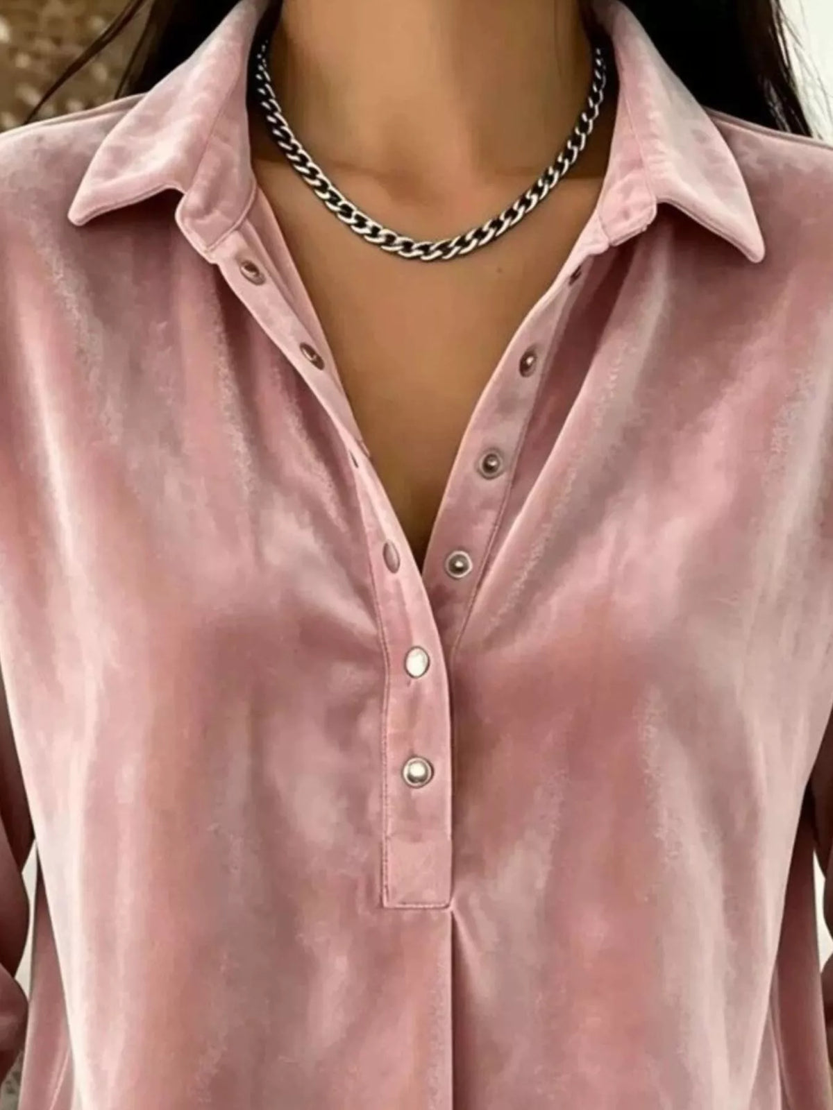 Velvet Snap Down Long Sleeve Blouse
