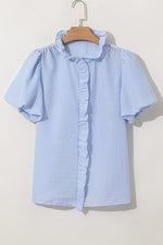Striped Ruffle Short Bubble Sleeve Shirt