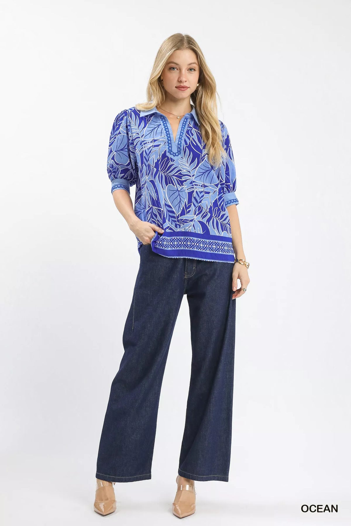 Umgee Tropical Print Puff Sleeve Blouse