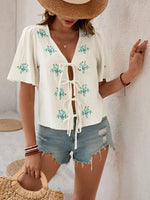 Embroidered V-Neck Short Sleeve Shirt