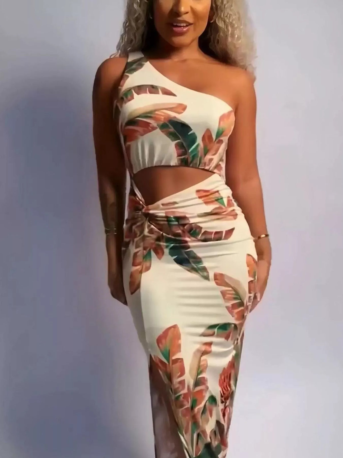 Tropical Print One-Shoulder Cut-Out Maxi Dress