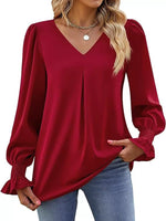 V-Neck Long Sleeve Ruffle Cuff Blouse