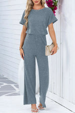 Ribbed Short Sleeve Wide Leg Jumpsuit