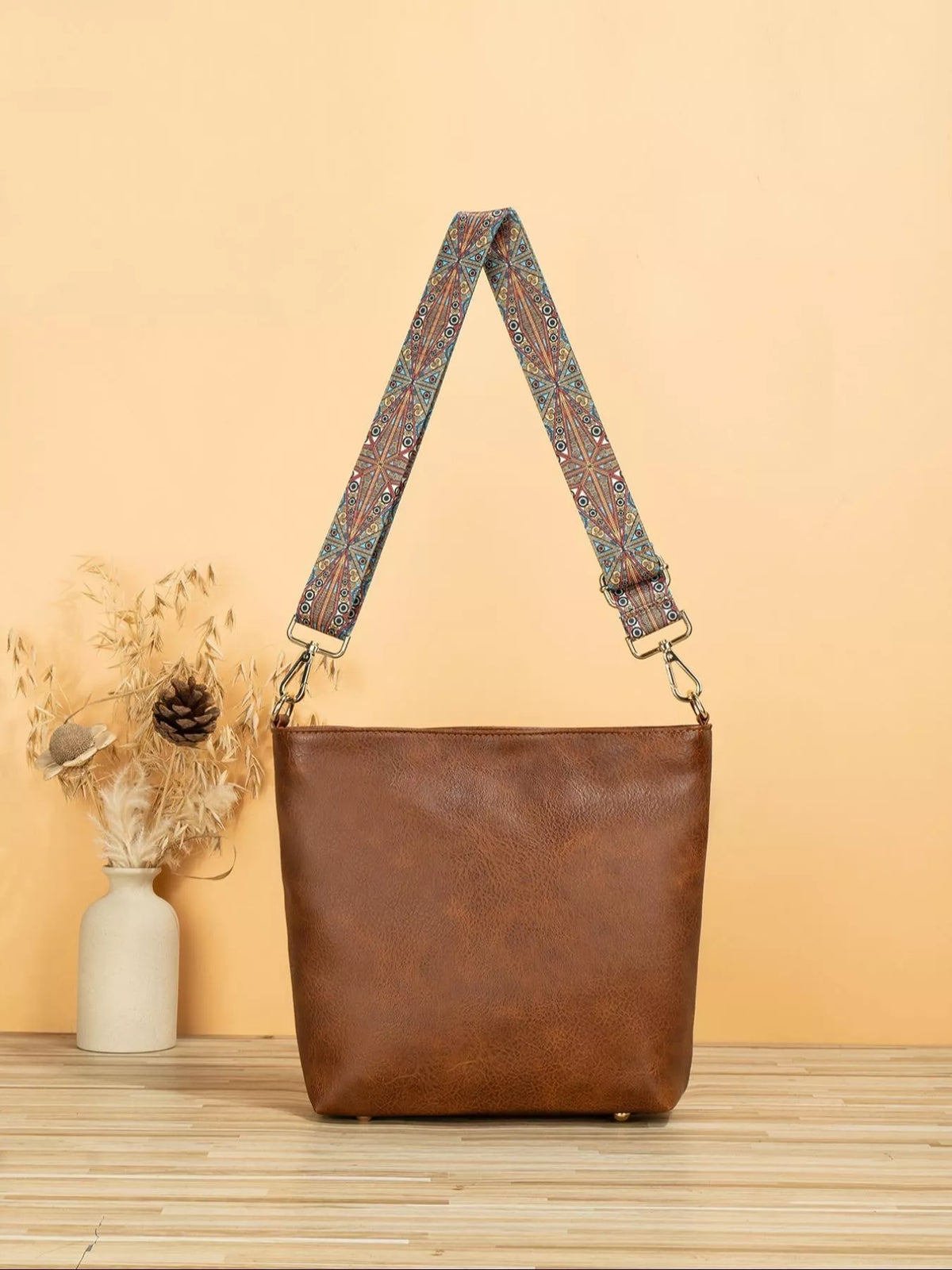PU Leather Crossbody Bag with Patterned Strap