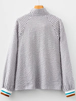 Striped Print Contrast Patchwork Detail Split Neck Blouse
