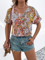 Bohemian Paisley Print V-Neck Short Sleeve T-Shirt