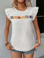 Ruffled Round Neck Cap Sleeve Blouse