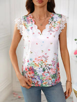 Lace Detail Printed V-Neck Cap Sleeve Blouse
