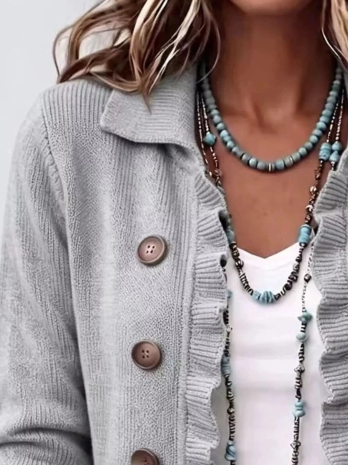Full Size Ruffled Trim Decorative Button Cardigan Plus Size