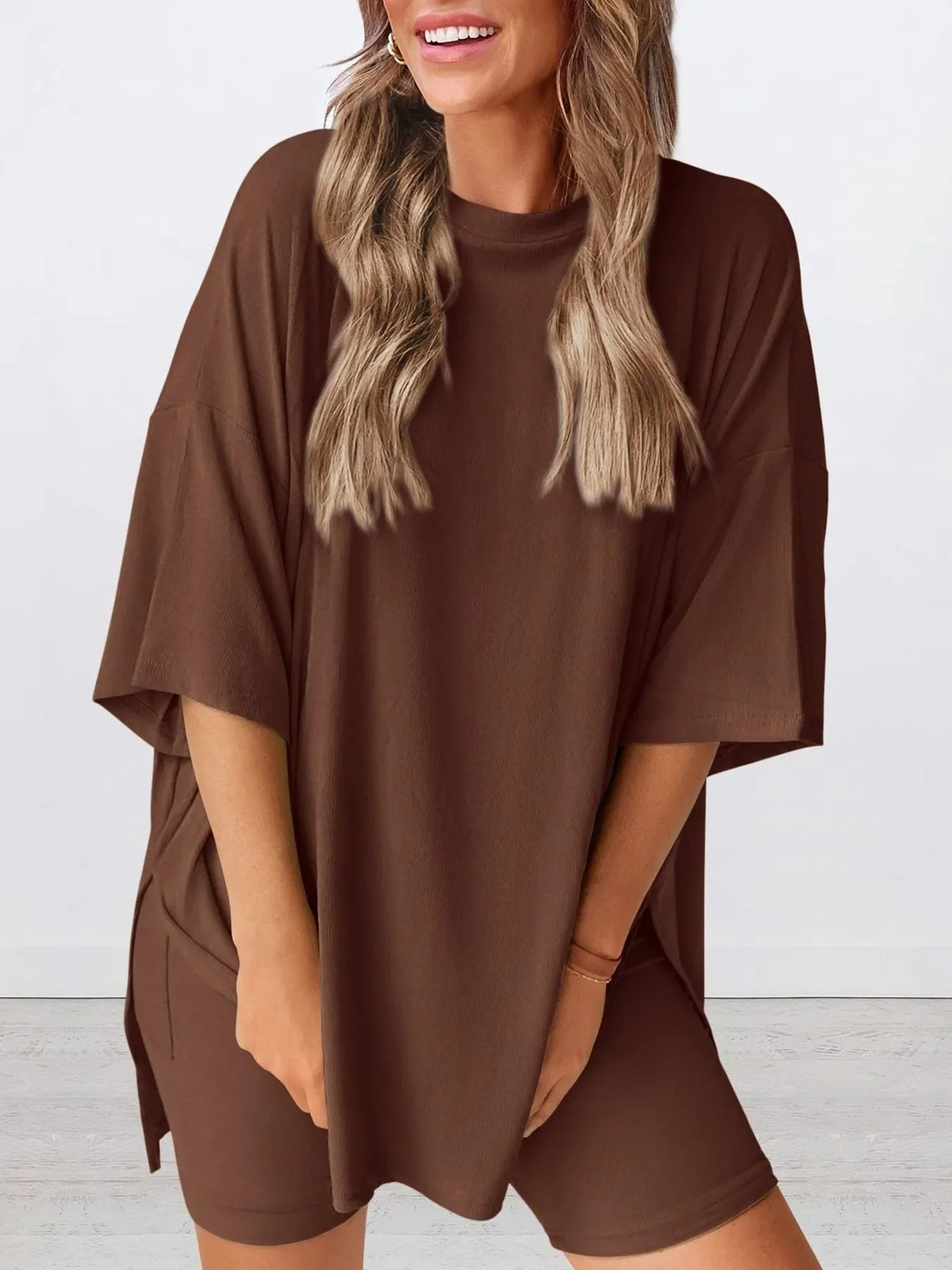 Full Size Oversized Round Neck Top and Shorts Set Plus Size