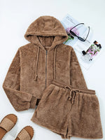 Zip Up Hoodie and Drawstring Shorts 2pcs Outfit