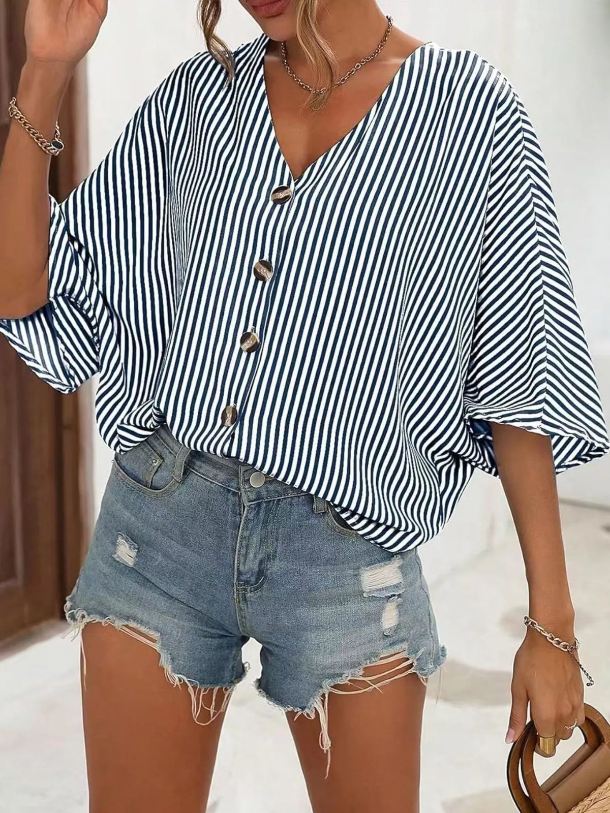 V-Neck Striped Batwing Sleeve Casual Blouse