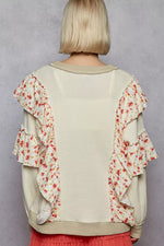 POL Round Neck Sweater with Floral Ruffle Detail