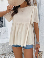 Pom-Pom Trimmed Short Sleeve Blouse