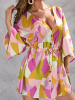 Color Block Drawstring Waist Button Up Dress