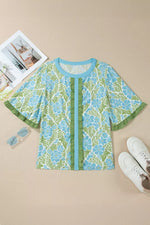 Floral Print Ruffled Color Block Trim Half Sleeve Blouse